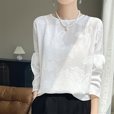 时尚中式缎面小衫防晒衫女长袖提花罩衫薄款上衣空调衫夏季慵懒风，女装蕾丝衫/雪纺衫，羊特美羊绒