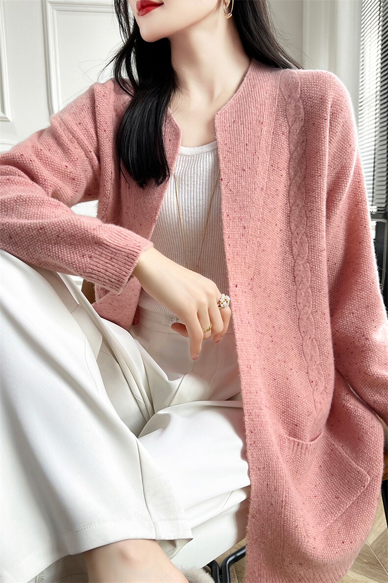 圆领中长款100%纯羊毛带兜开衫女花纱宽松显瘦长袖羊绒衫针织外套,女装羊毛衫,蒙特羊绒