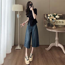 高级感时尚潮流套装女夏新款显瘦圆领开叉上衣阔腿提花短裤两件套，女装套装/套裙，2C310