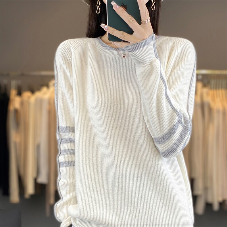 2025秋冬100%纯羊毛衫女圆领套头拼色打底毛衣宽松纽扣羊绒针织衫,女装羊毛衫,狄美羊绒