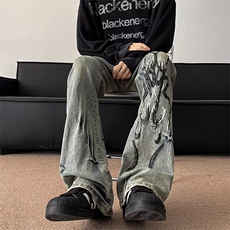 潮牌时尚炸街裤子男款美式高街火焰黄泥直筒牛仔裤1104-P44，男装牛仔裤，星座1109-3