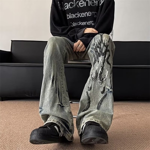 潮牌时尚炸街裤子男款美式高街火焰黄泥直筒牛仔裤1104-P44图片