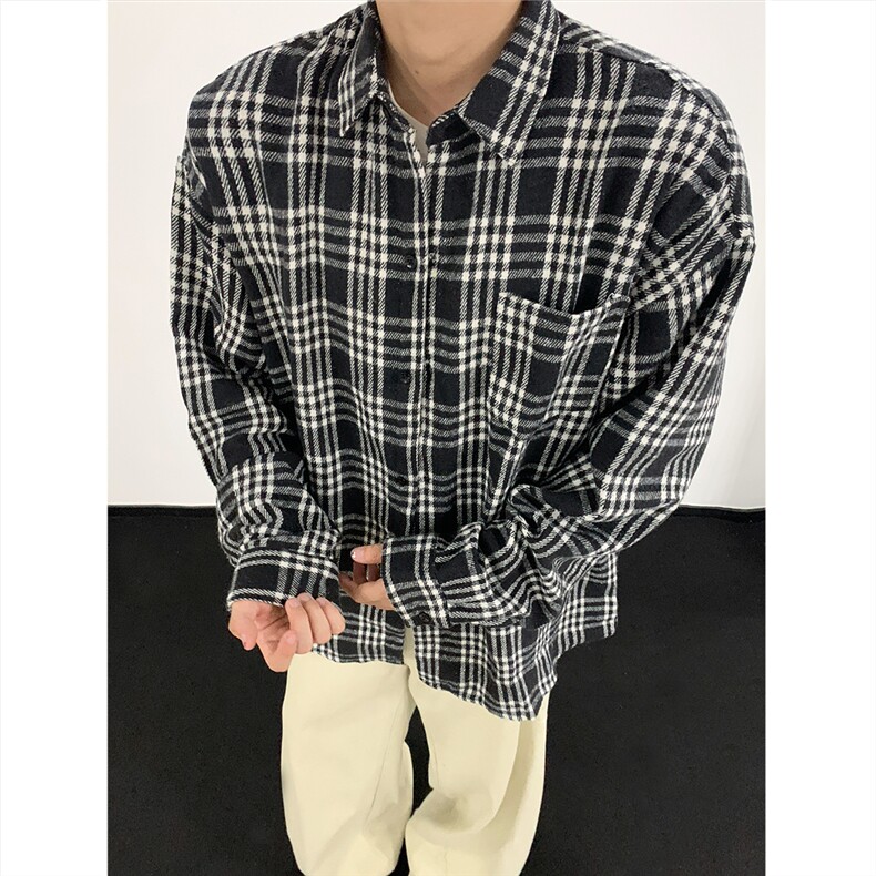 现货~磨毛格子大码长袖衬衫C5891/特P25黑色,男装衬衫,电商A094