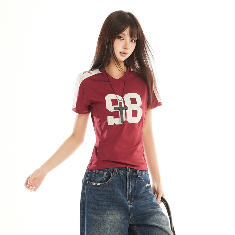 2026春季新款美式复古百搭刺绣短袖T恤女修身运动风上衣YD278-P40,男装T恤,星座509