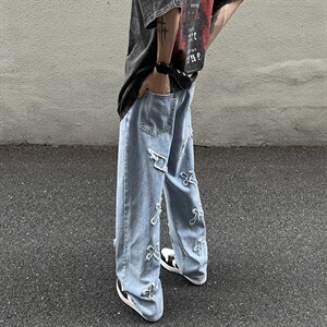 美式高街牛仔裤男vibe街头潮牌长裤宽松直筒阔腿拖地裤N9433-P45图片