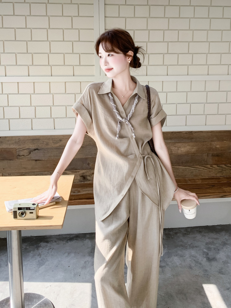 2026夏季法式亚麻短袖不规则系带衬衫阔腿裤套装女休闲两件套套裤,女装套装/套裙,霓裳依族
