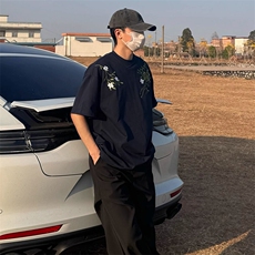 万针全刺绣工艺抖音得物高品质260克重磅纯棉双纱美式高街短袖T恤，男装T恤，电商A486