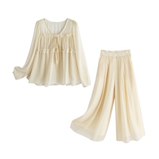 超仙时尚雪纺套装女2026春夏新款半透减龄长袖防晒阔腿裙裤两件套，女装套装/套裙，水衣源