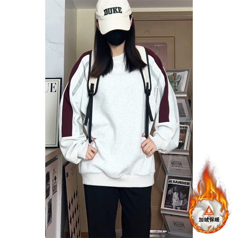 美式拼接撞色圆领卫衣大码宽松加绒加厚上衣W4650JR（加绒）特P46，男装卫衣，电商A007