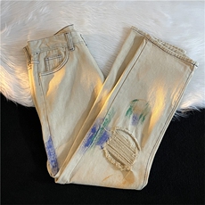 破洞扎染牛仔裤男潮牌设计感高街嘻哈潮流宽松工装裤N0927-P55，男装牛仔裤，星座308B-1