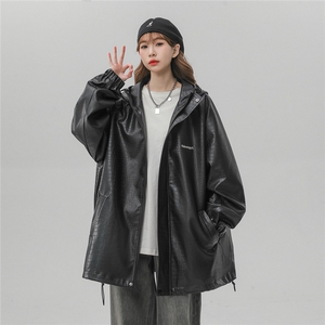 中性风连帽夹克女大码夹克男情侣百搭皮衣女外套JK8744P90控128图片
