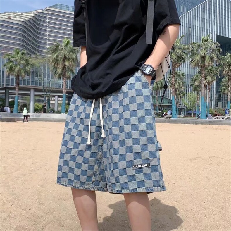 棋盘格牛仔裤夏季韩版时尚个性宽松休闲五分中裤潮流K3118-P38,男装牛仔裤,星座512-3