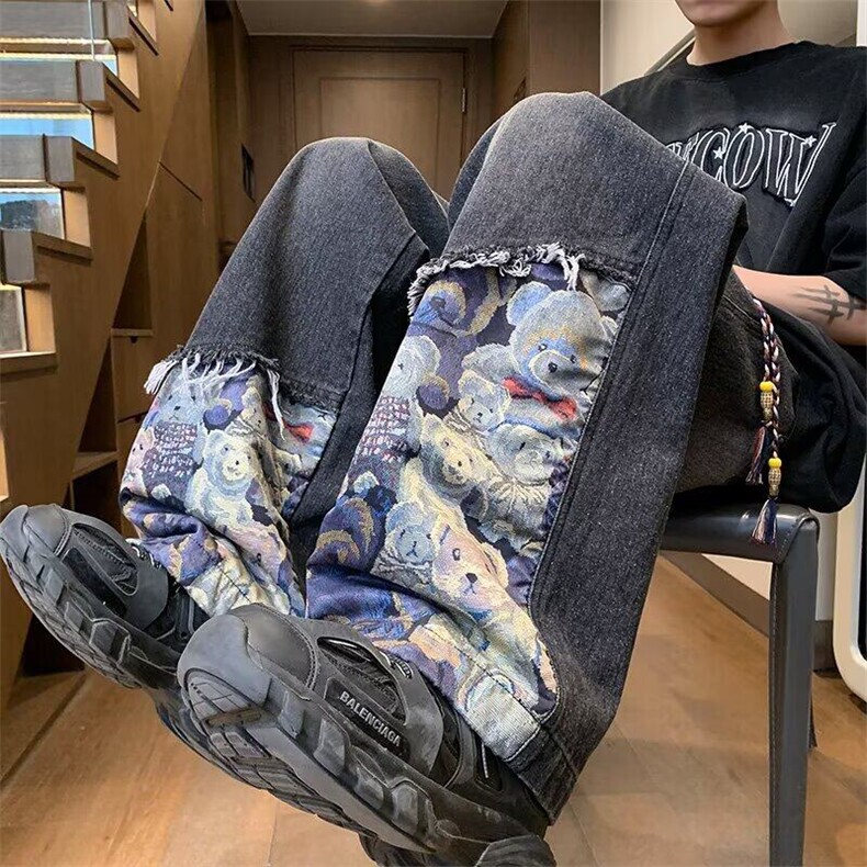 新中式小熊拼接牛仔裤男秋季潮牌痞帅工装直筒裤子美式复古休闲裤图片
