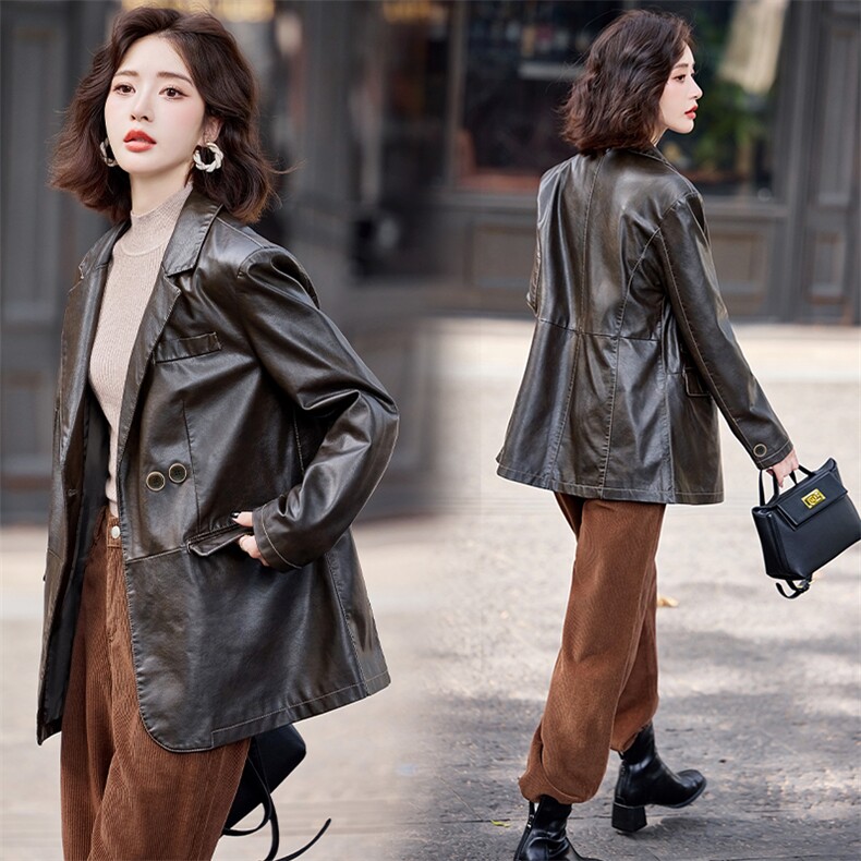 海宁真皮皮衣女2025新款春秋季绵羊皮高级感中长款显瘦女士皮外套,女装皮衣,缘衣格