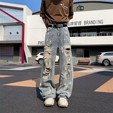 夏季复古扎染废土风阔腿破洞牛仔裤男2025新款水洗垂感拖地裤，男装牛仔裤，星座813-2