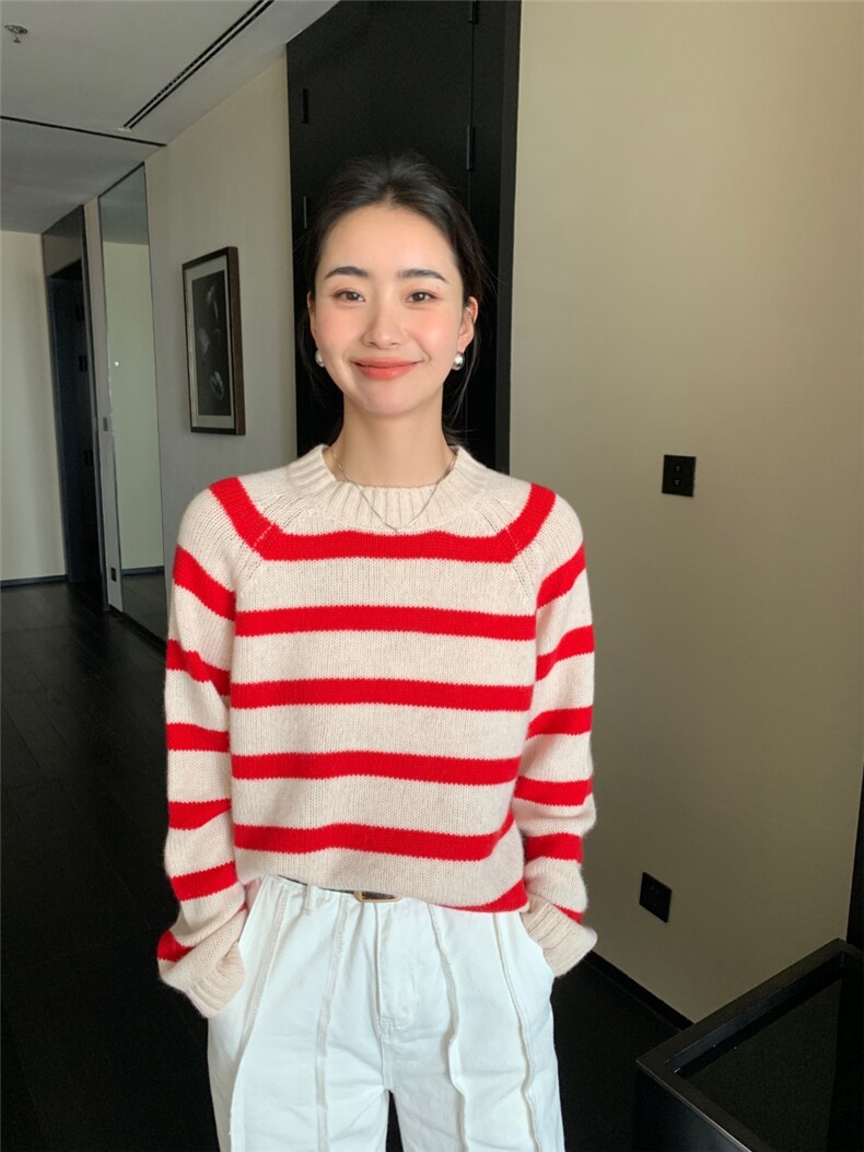 新款女圆领条纹插肩加厚针织衫宽松百搭外穿毛衣图片