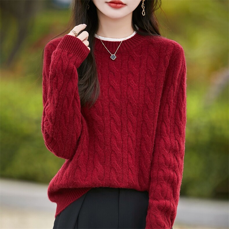25秋冬100%纯羊毛衫女圆领拼色扭花假两件针织毛衣宽松加厚羊绒衫,女装羊毛衫,暖烁羊绒