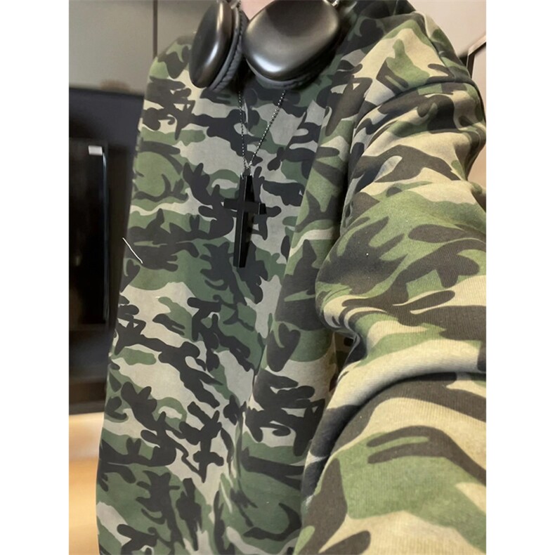 美式迷彩卫衣男秋冬复古户外运动圆领长袖T恤少年感小众简约上衣,男装卫衣,电商A007