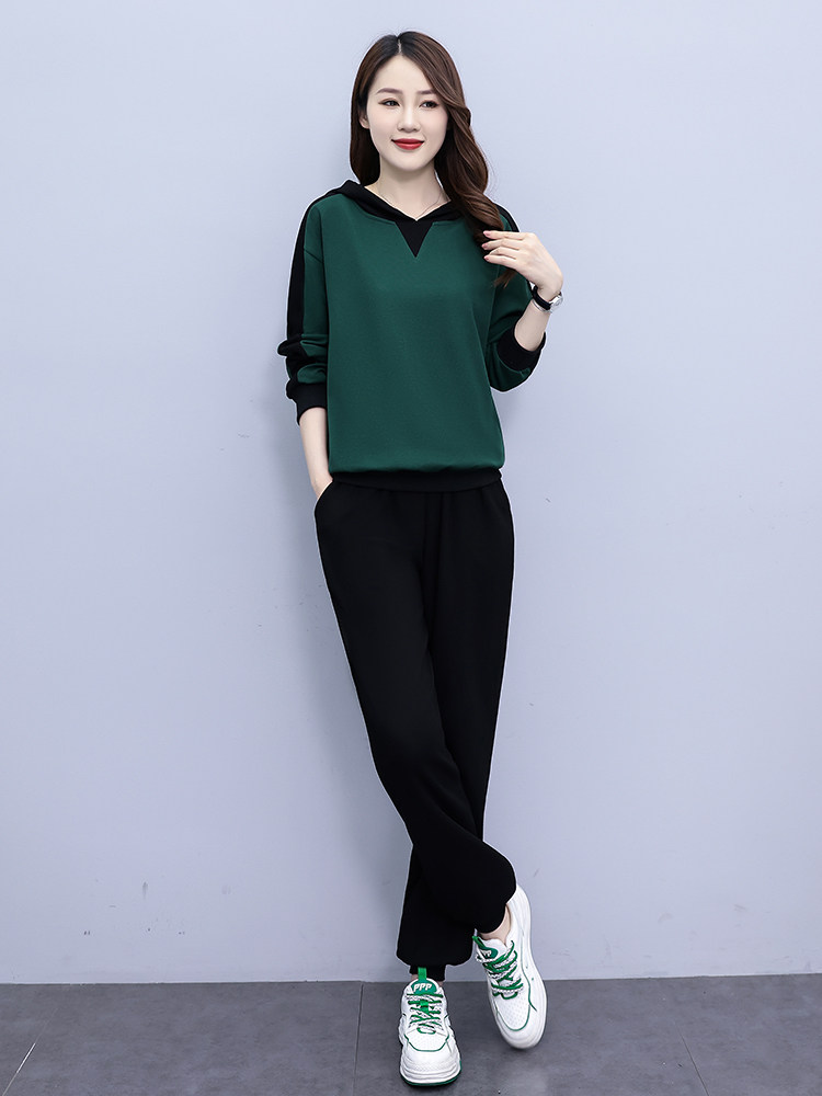 休闲运动卫衣套装女2023春秋新款洋气拼色翻领卫衣束脚长裤两件套,女装套装/套裙,凝聚力
