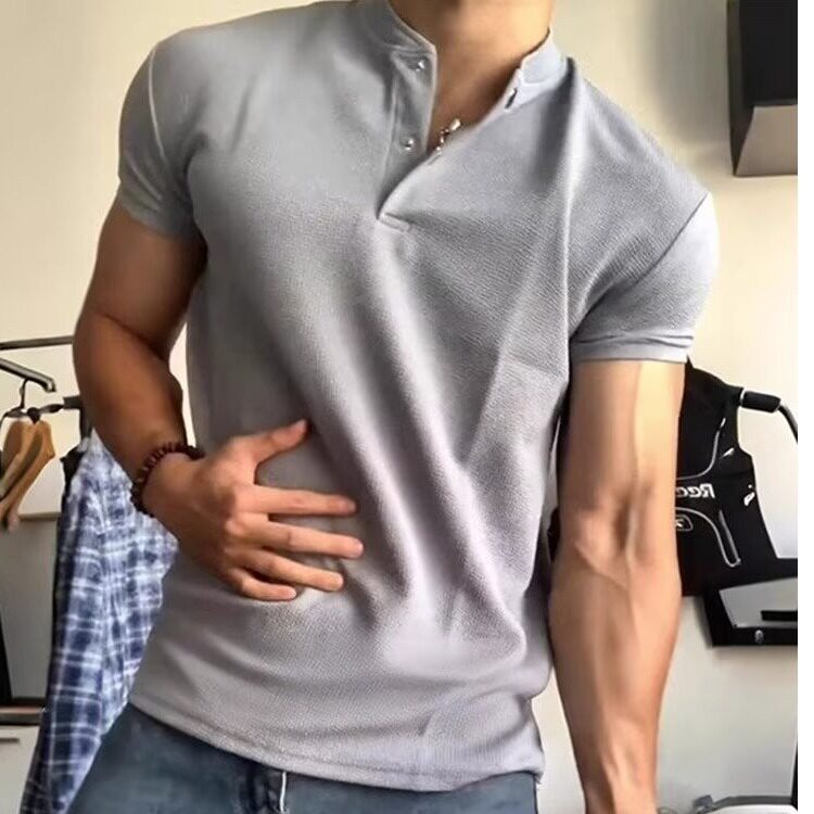 夏季男士短袖t恤高端有领子潮流青年立领上衣服半袖休闲薄款图片
