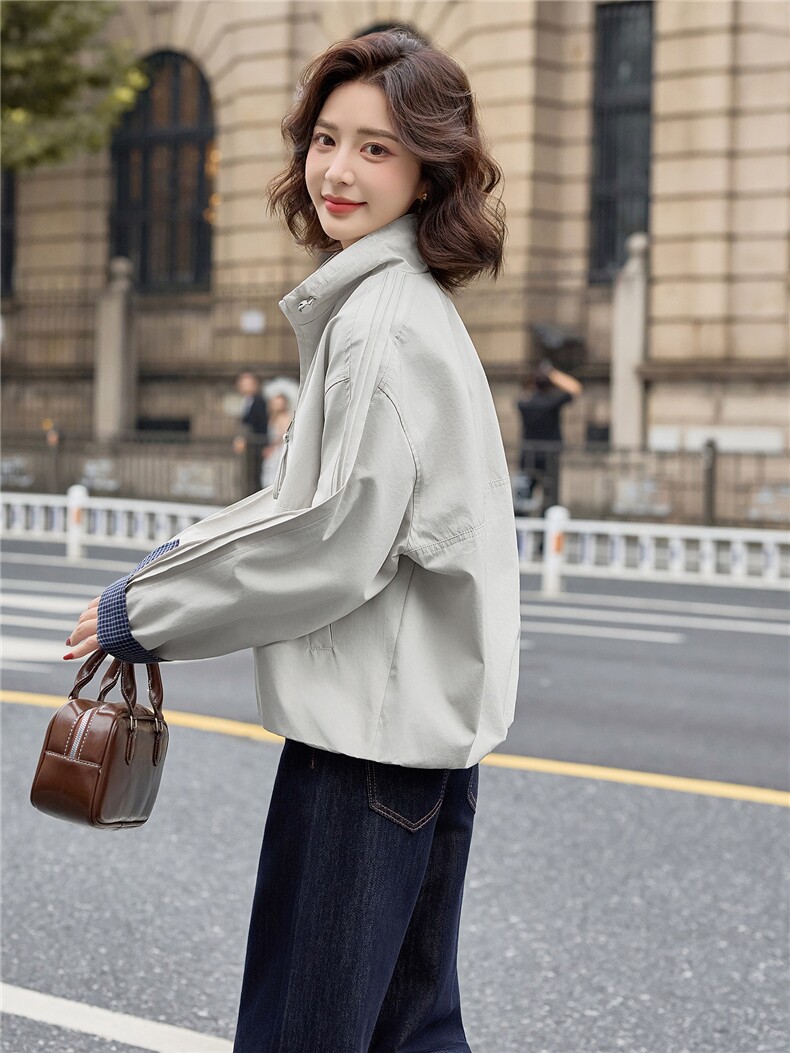 现货。2025秋季新款通勤立领袖格子拼接夹克时尚休闲外套女,女装短外套,E百度