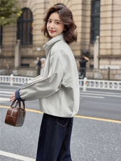 现货。2025秋季新款通勤立领袖格子拼接夹克时尚休闲外套女，女装短外套，E百度