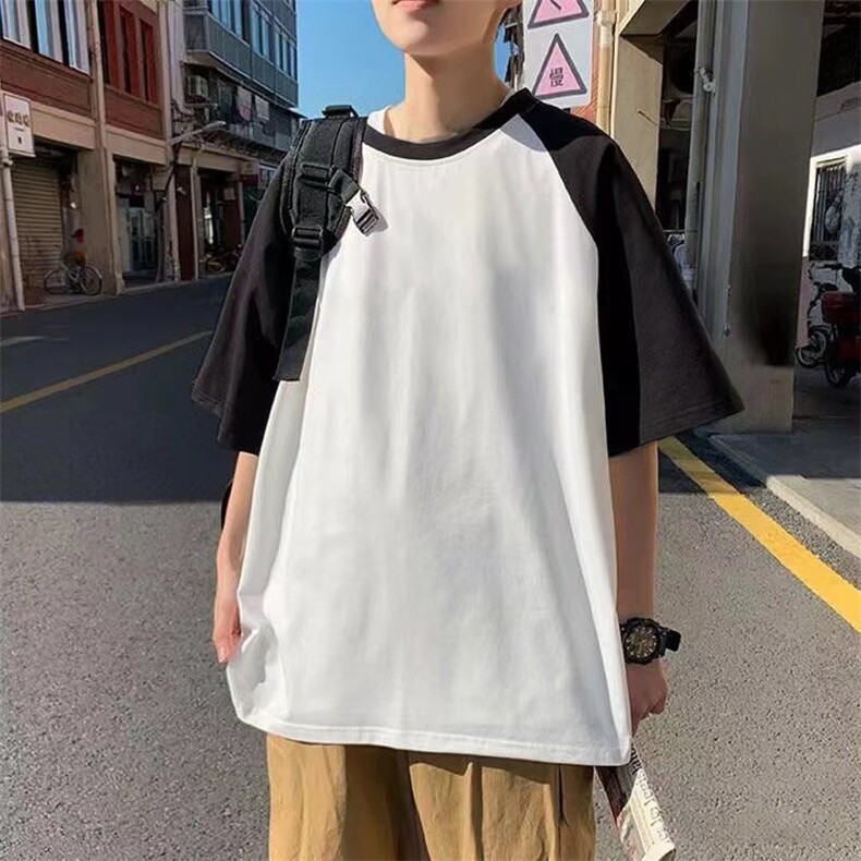抖音得物高品质二开240克宽松纯棉美式潮牌插肩袖拼接短袖T恤,男装T恤,电商A486-1