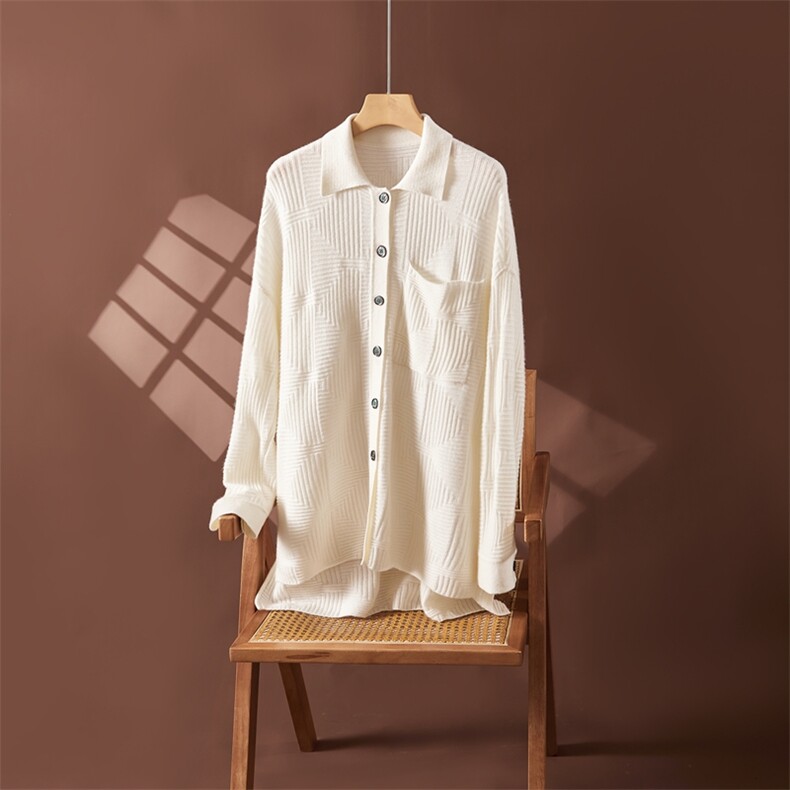 秋冬新款衬衫式长袖开衫女几何纹短款35%羊绒衫2024年秋季，女装羊绒衫，朵沐纯羊绒