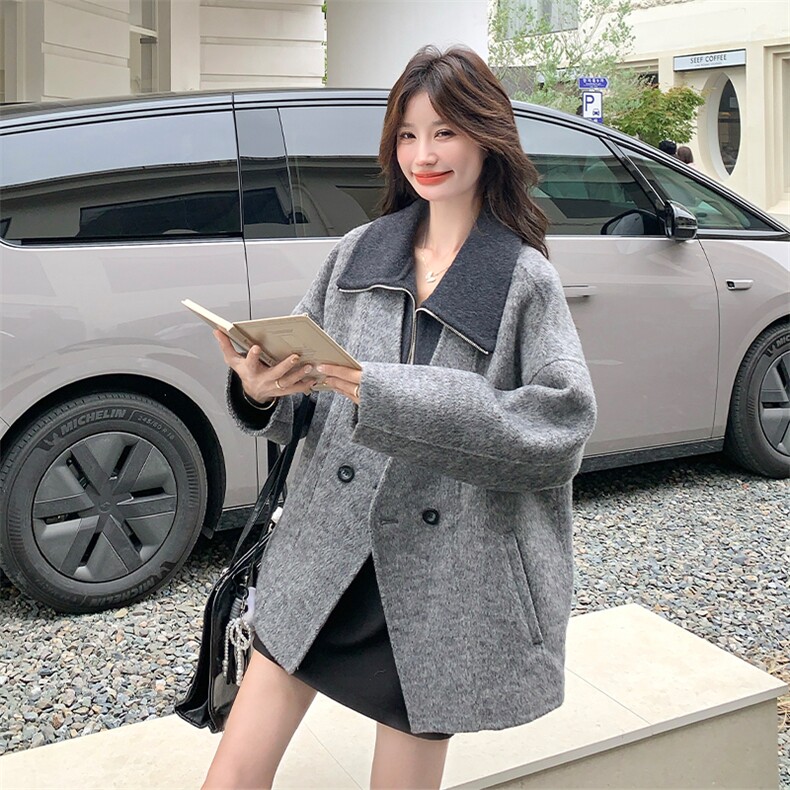 假两件灰色双面呢羊毛外套女秋冬2025新款短款呢大衣高级感气质,女装毛呢外套,2C269