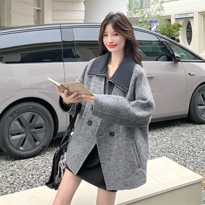 假两件灰色双面呢羊毛外套女秋冬2025新款短款呢大衣高级感气质图片