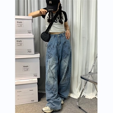 欧美街涂鸦阔腿牛仔裤男女宽松oversize古着感休闲长裤RK831-P45，男装牛仔裤，星座412-3