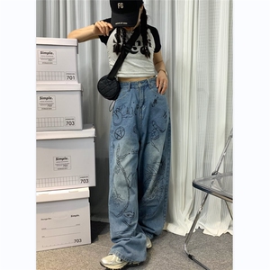欧美街涂鸦阔腿牛仔裤男女宽松oversize古着感休闲长裤RK831-P45图片