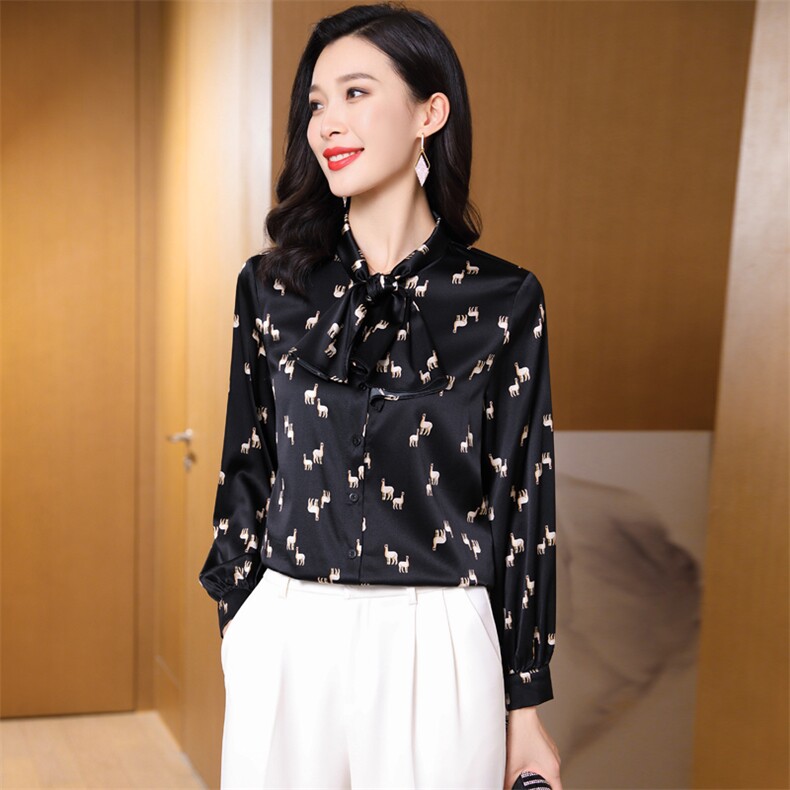 蝴蝶结领结重磅真丝衬衫女士长袖印花真丝上衣衬衣时尚气质秋装,女装衬衫,阿舍尔精品