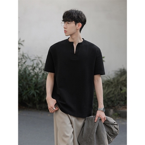 韩系简约小V领肌理T恤cityboy风落肩情侣短袖HY927TP28控49图片