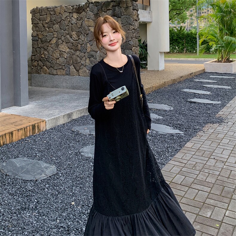黑色高级感蕾丝拼接连衣裙女2025夏新款法式赫本风气质显瘦鱼尾裙,女装套装/套裙,2C316