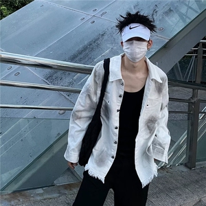 美式复古潮牌背后字母牛仔外套男女宽松破坏毛边情侣夹克图片
