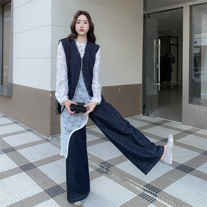 设计感蕾丝上衣套装女2025秋季新款时尚洋气减龄马甲阔腿裤三件套,女装套装/套裙,2D076