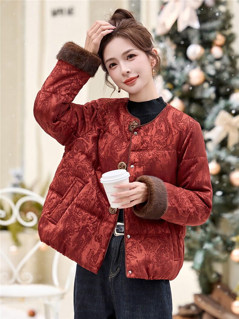 现货！毛领可脱卸中式圣诞红羽绒棉加厚小个子女式棉衣棉服外套,女装棉衣/棉服,木橙西子