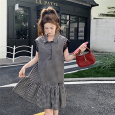 法式复古蕾丝拼接飞袖格子翻领简约休闲连衣裙女2025夏季新款裙子，女装连衣裙，2C273