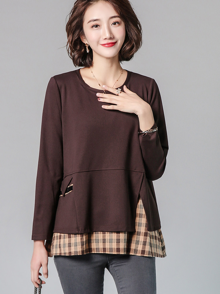 纯色咖格拼接假两件卫衣2021春季新款套头舒适休闲,女装卫衣/绒衫,深水步