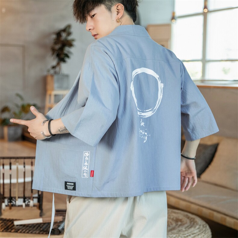 F868P45咖啡厅风潮流时尚大码七分袖休闲棉麻印花开衫汉服,男装T恤,电商A026