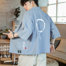 F868P45咖啡厅风潮流时尚大码七分袖休闲棉麻印花开衫汉服，男装T恤，电商A026