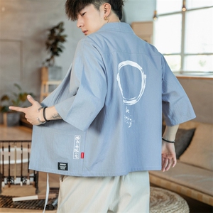 F868 P45 咖啡厅风潮流时尚大码七分袖休闲棉麻印花开衫汉服图片