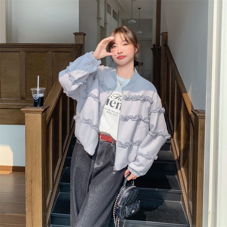 设计感花边棒球服外套女2025春季新款洋气减龄宽松小个子短款上衣,女装短外套,浙宝103（原192）