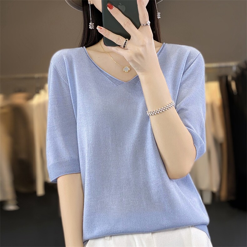一线成衣精纺羊毛针织短袖女24夏季新款V领纯色半袖T恤打底衫上衣,针织衫/毛衣,暖烁特种纱工厂店