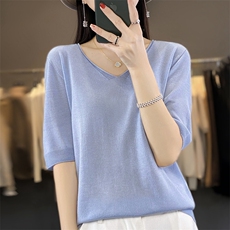 一线成衣精纺羊毛针织短袖女24夏季新款V领纯色半袖T恤打底衫上衣，女装针织衫/毛衣，暖烁特种纱工厂店