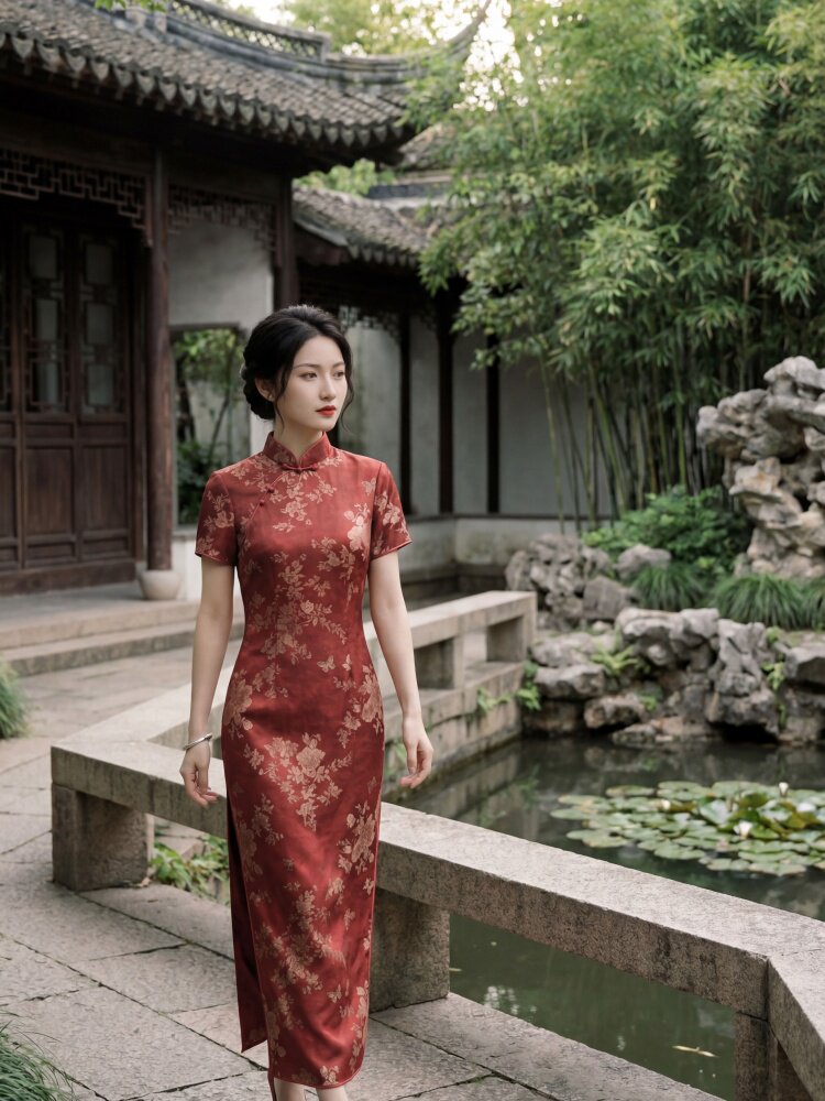 2026年夏季新品时尚气质金丝提花香云纱品质真丝喜庆中长款旗袍裙,女装连衣裙,媚琳依坊