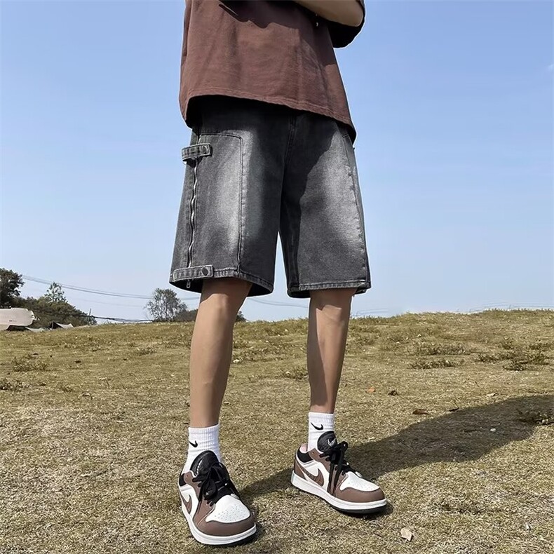 破洞五分裤拉链青春流行潮流夏季直脚新款宽松直筒潮牛仔裤男时尚,男装牛仔裤,星座1013