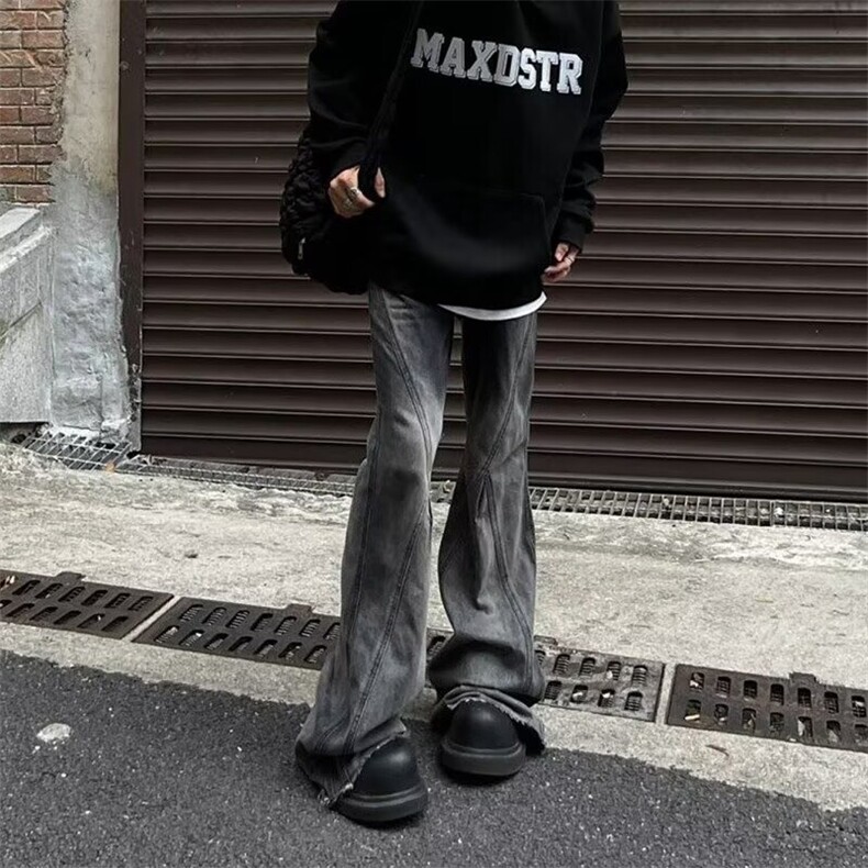 美式高街复古牛仔裤男春秋季新款设计感高质量黑灰色喇叭牛仔裤,男装牛仔裤,四季星座505