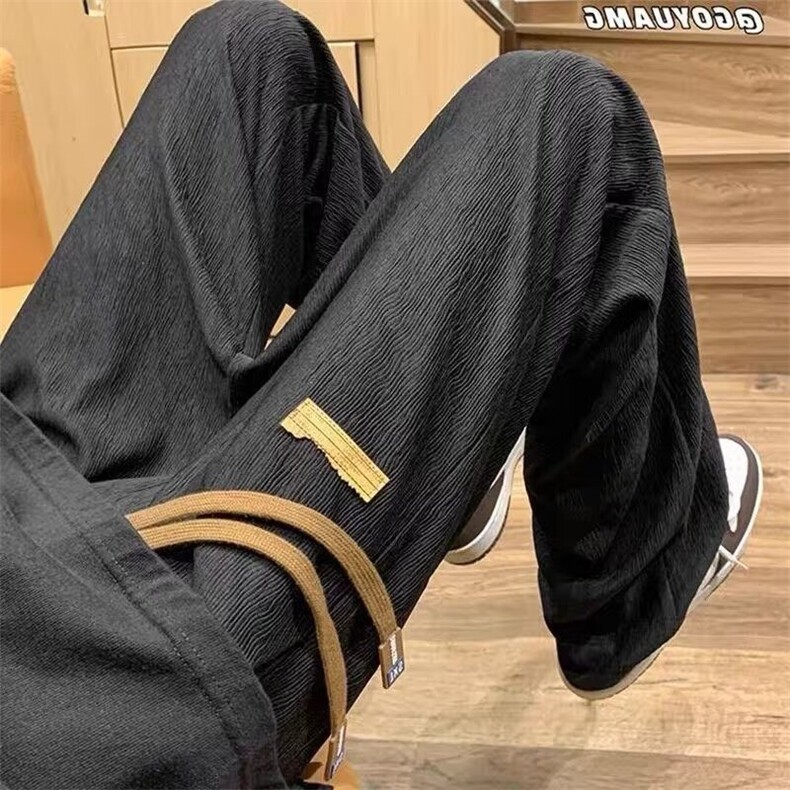 美式复古咖色裤子男夏季薄款褶皱运动长裤垂感宽松直筒阔腿休闲裤图片